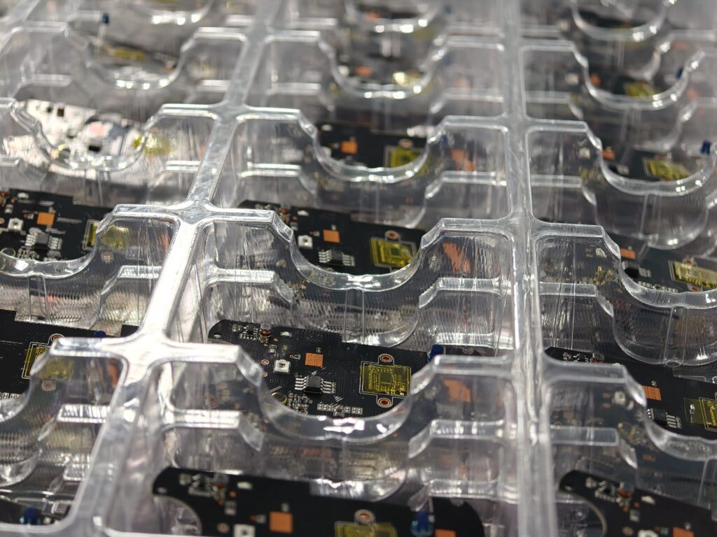 Close view of circuit boards prepared for production