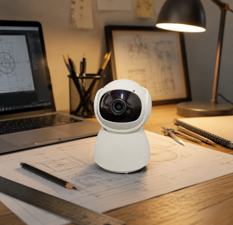 Baby monitor camera shown at a product development workstation