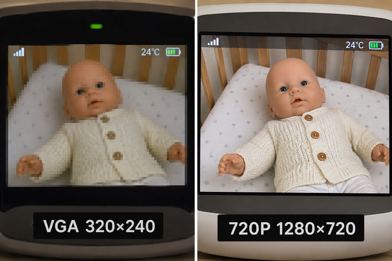 Close-up comparison of VGA vs 720P baby monitor screens &mdash; left side pixelated 320&times;240, right side sharp 1280&times;720 with visible facial details