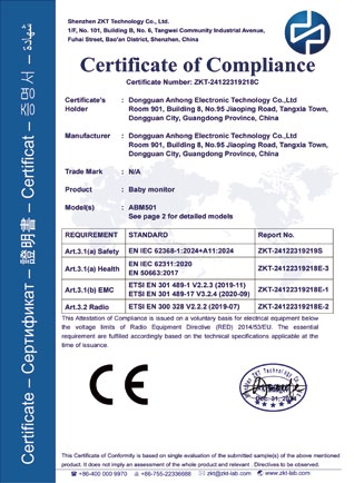 CE certificate sample naming ABM501 and referring to a detailed model list