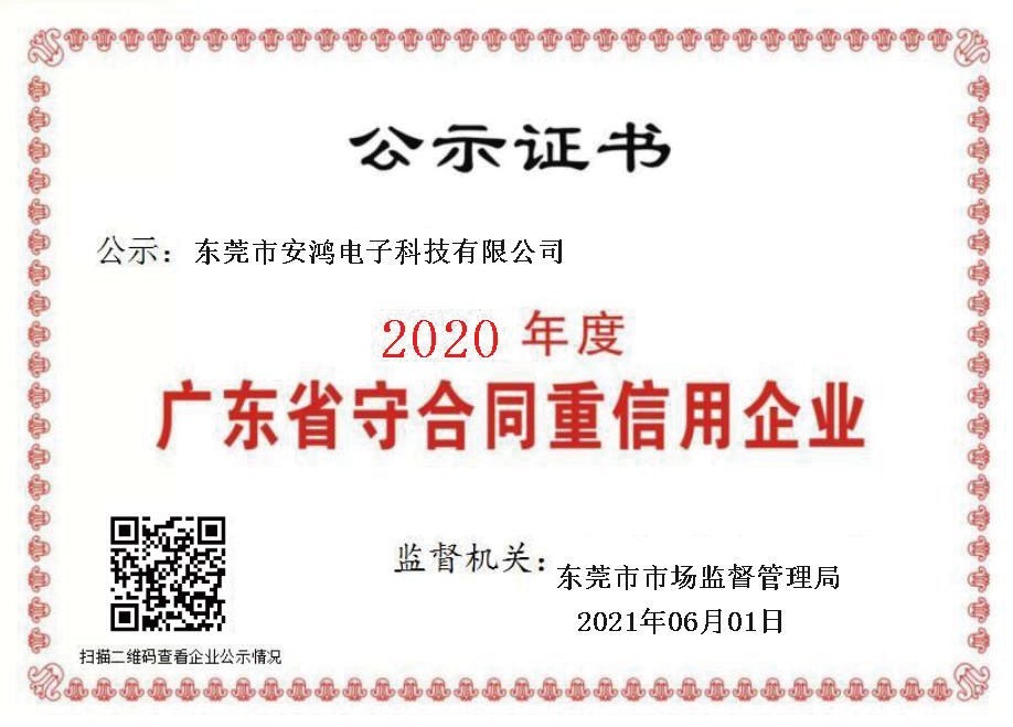 ANHONG 2020 Guangdong Contract-abiding and Creditworthy Enterprise historical recognition