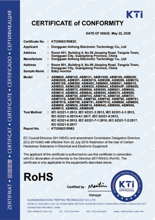 RoHS certificate sample with model list and issue date 22 May 2025