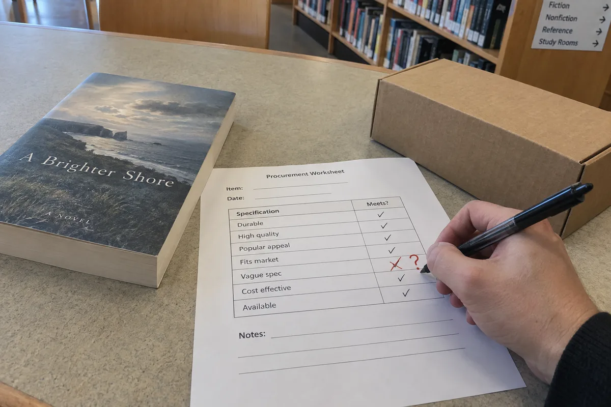 A buyer revising a product comparison worksheet at a library table.