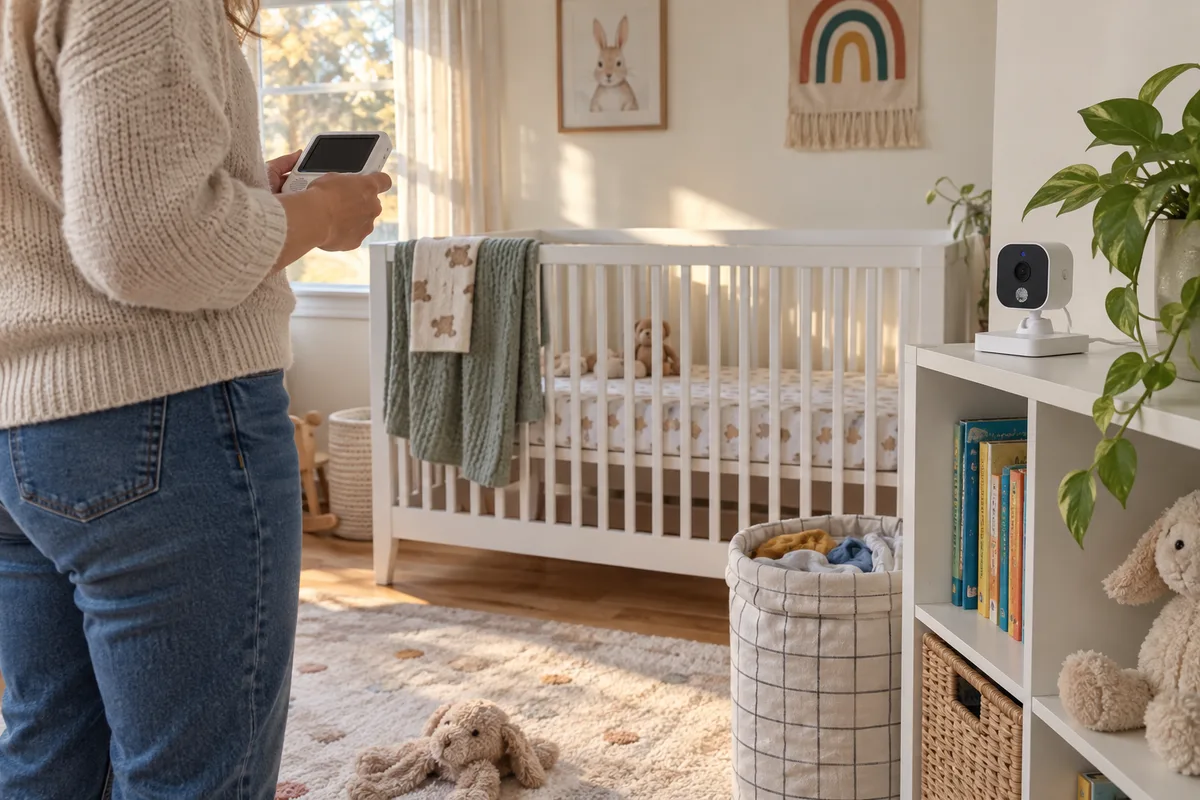 A buyer checking a baby monitor sample in an ordinary nursery.