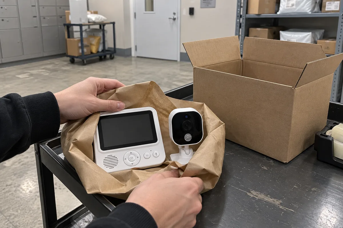 A person repacking an unbranded baby monitor in a return carton.