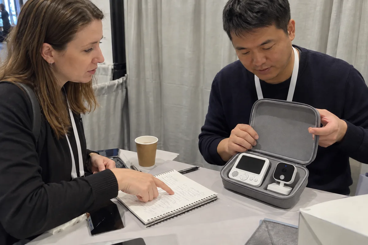 A buyer discussing sample questions at a trade-show table.