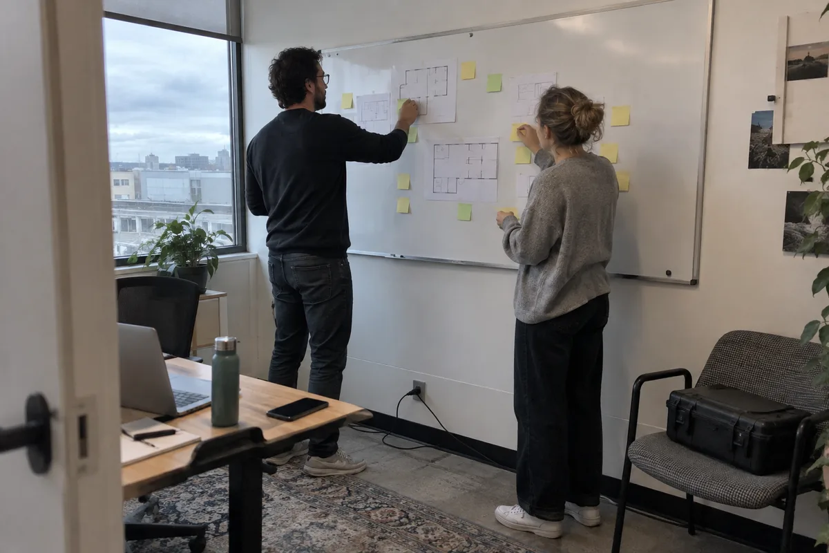 Two people planning a baby monitor sourcing brief with room sketches.