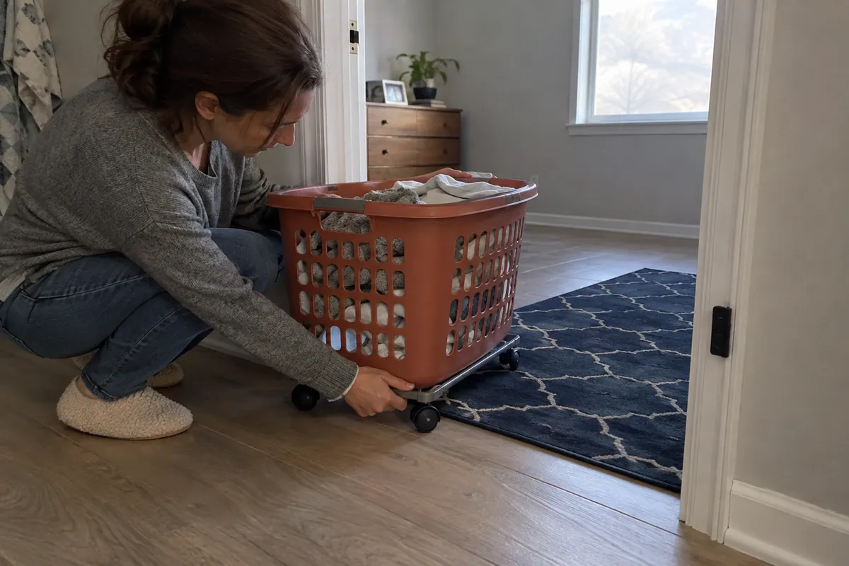 Movable laundry basket obscuring one corner of an empty room target area