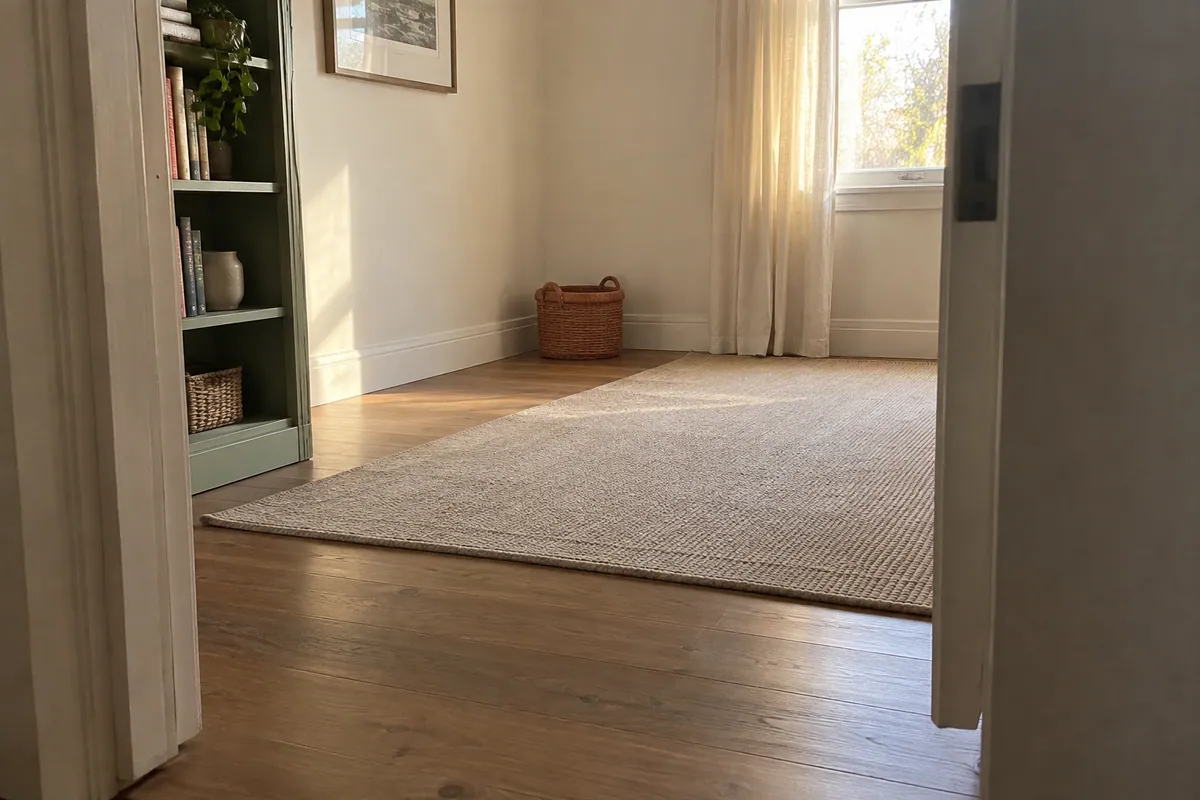 Empty target floor area framed by fixed bookcase, rug and basket landmarks