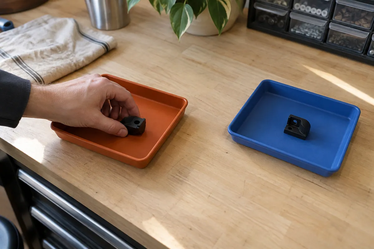 Two unlabelled accessory pieces kept separate in orange and blue trays