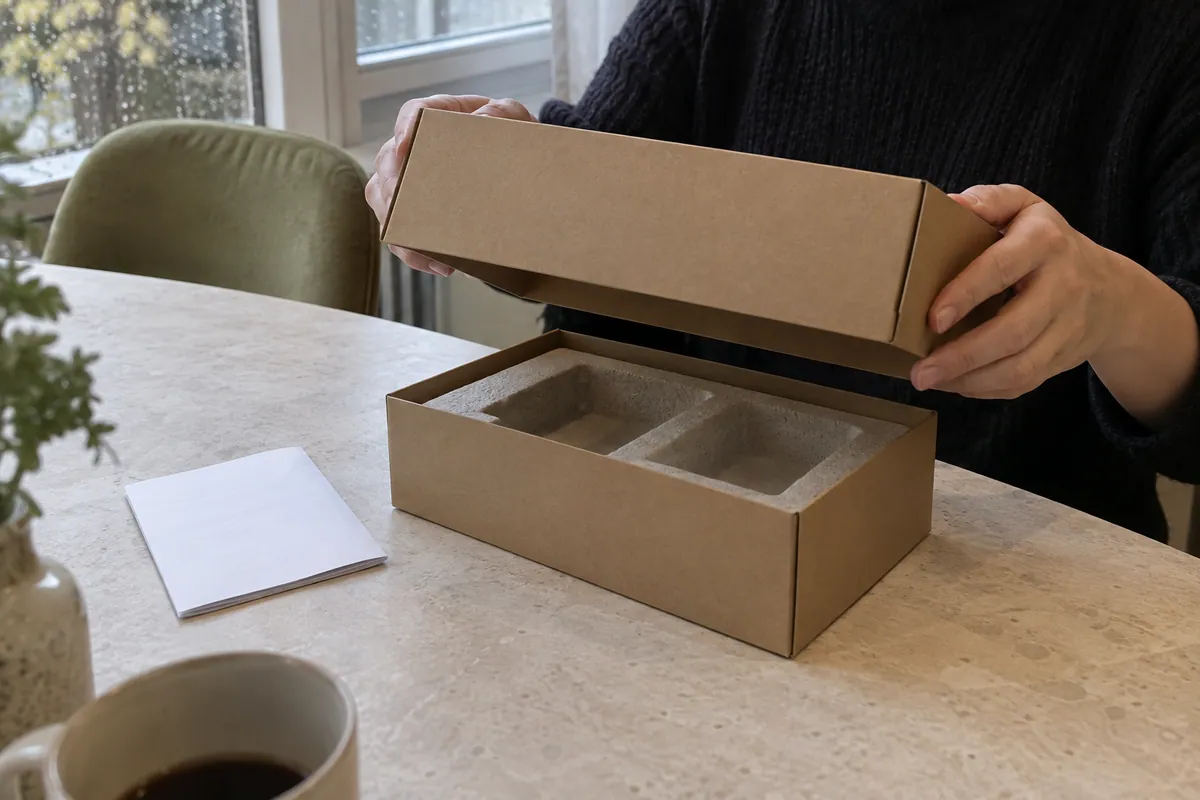 Hands opening a plain carton above an empty molded insert