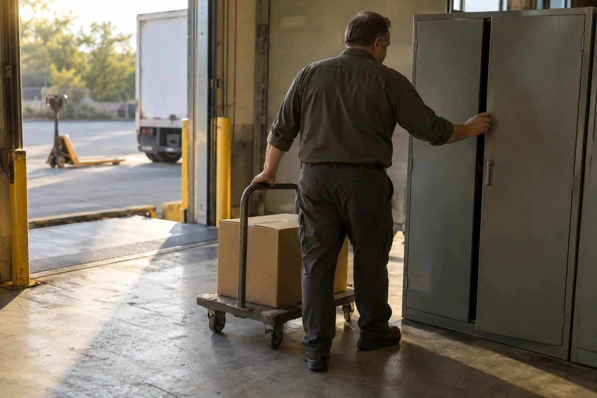 Service manager beside a records cabinet and single carton at a loading bay.