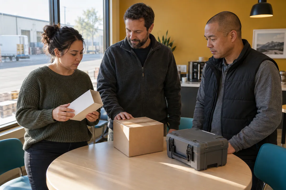 Three colleagues compare unbranded packaging and a closed service case at a table.