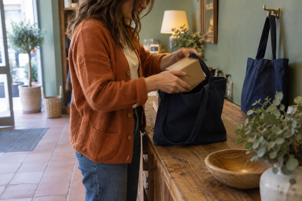 Shop buyer puts an unbranded small carton into a navy tote at a receiving counter.
