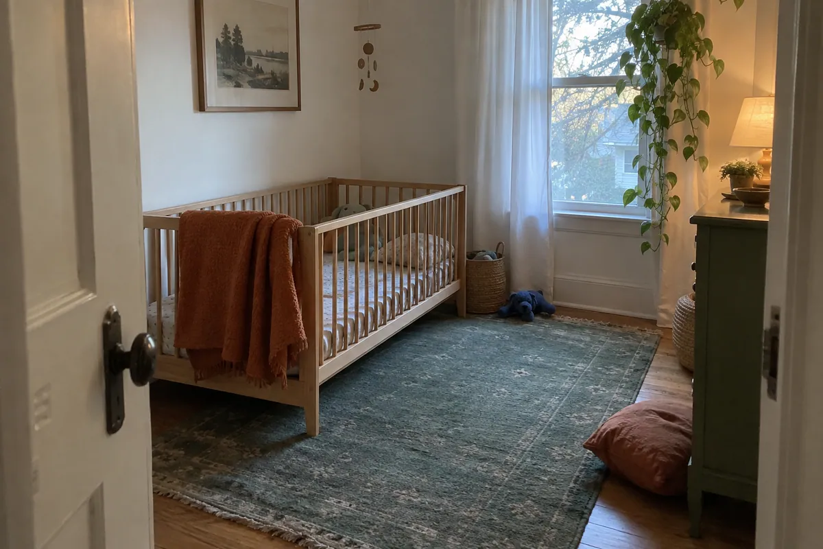Wide doorway view of an empty cot, blue toy and the surrounding room.
