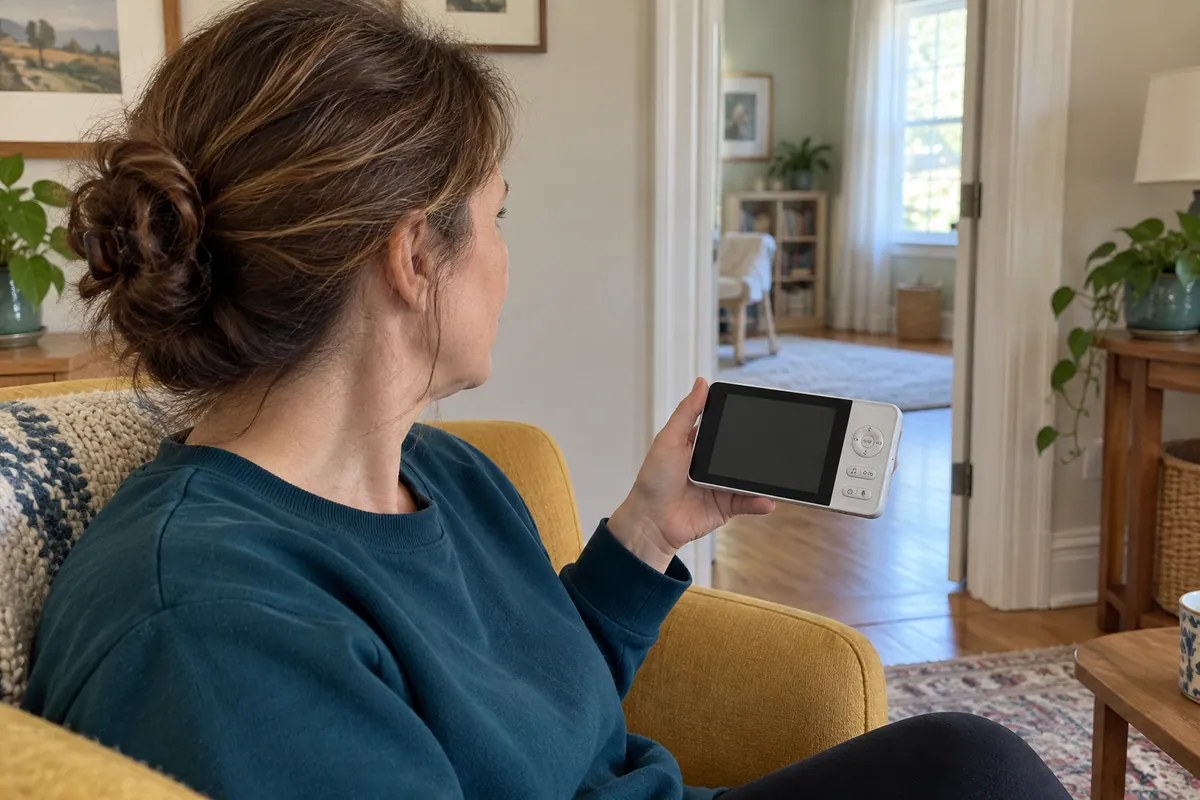 Adult holds an unbranded parent unit with a blank display while facing an open doorway.