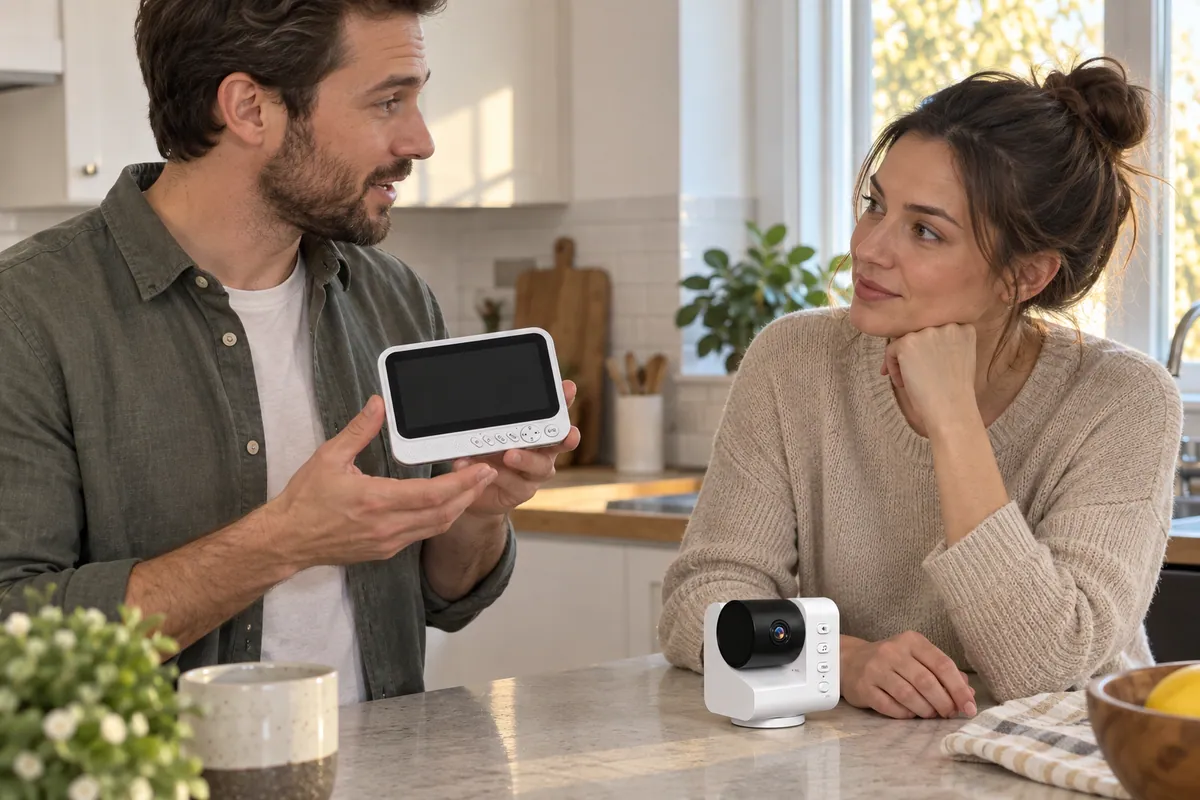 Two adults discussing a parent unit and camera during a review step