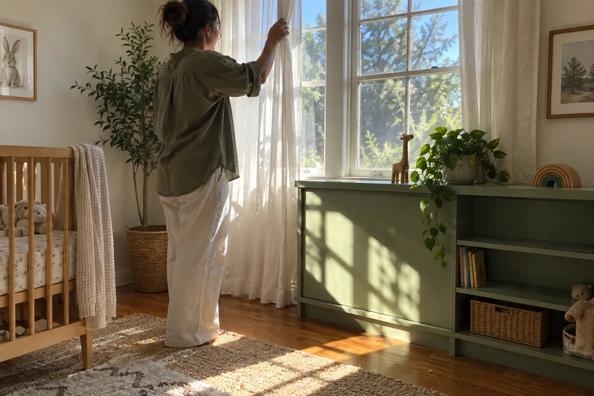 Caregiver draws a nursery curtain in direct sunlight.