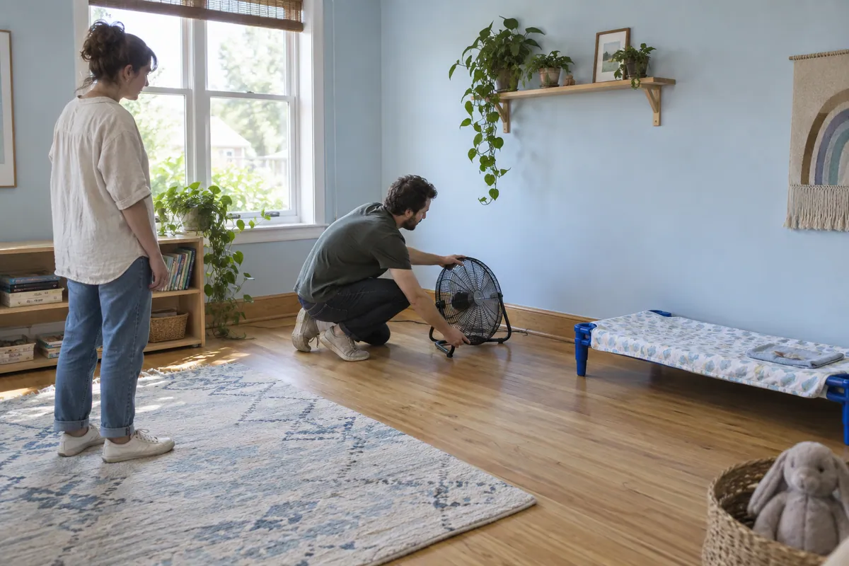 Adult repositions a floor fan away from a cot corner.