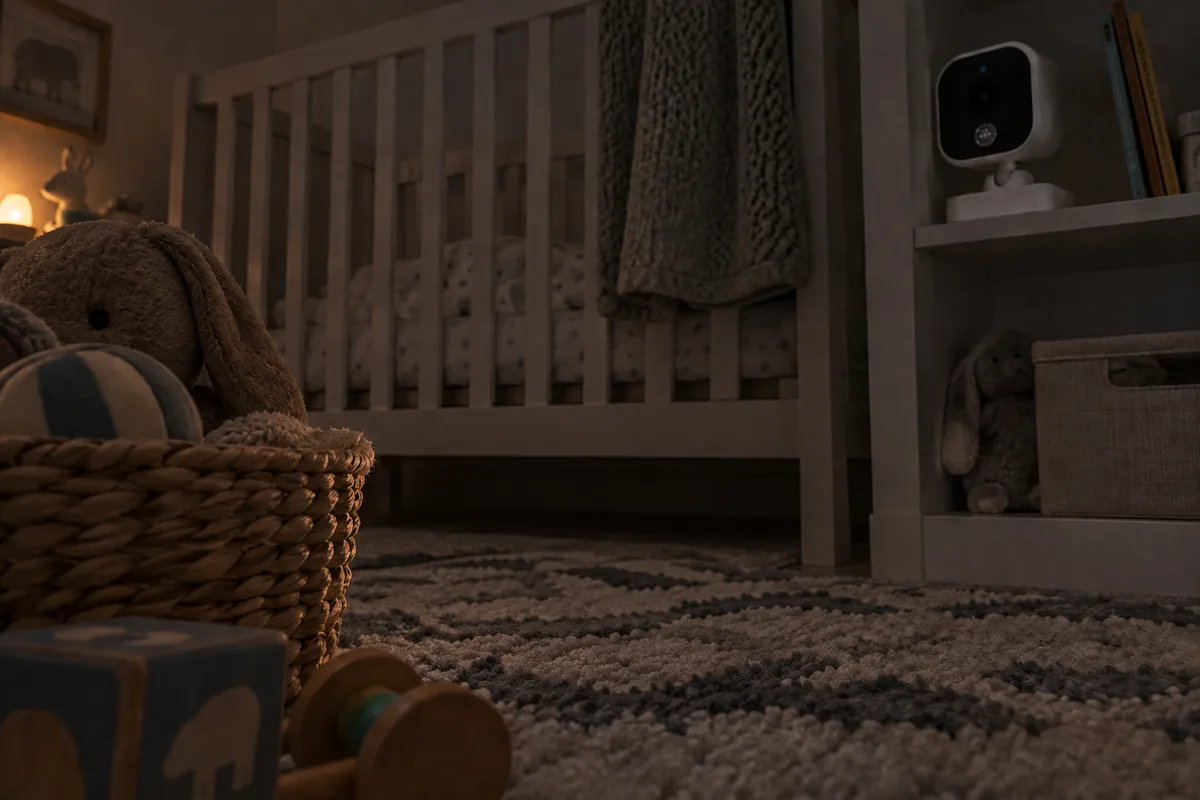 A dim nursery corner with a baby monitor camera and indistinct everyday objects.