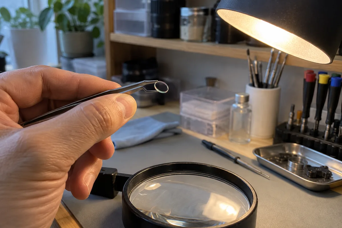 A technician inspecting a small generic optical ring with tweezers.