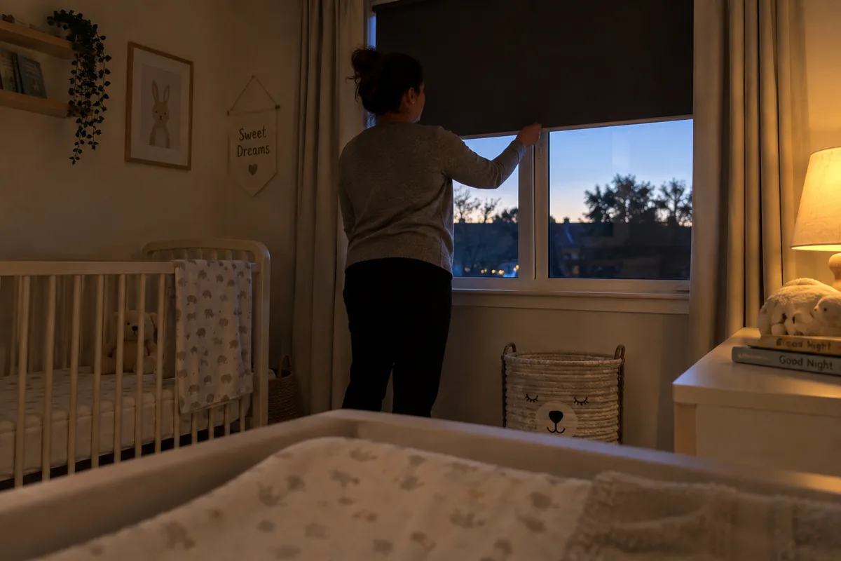 An adult lowering a blackout blind in a nursery at early evening.