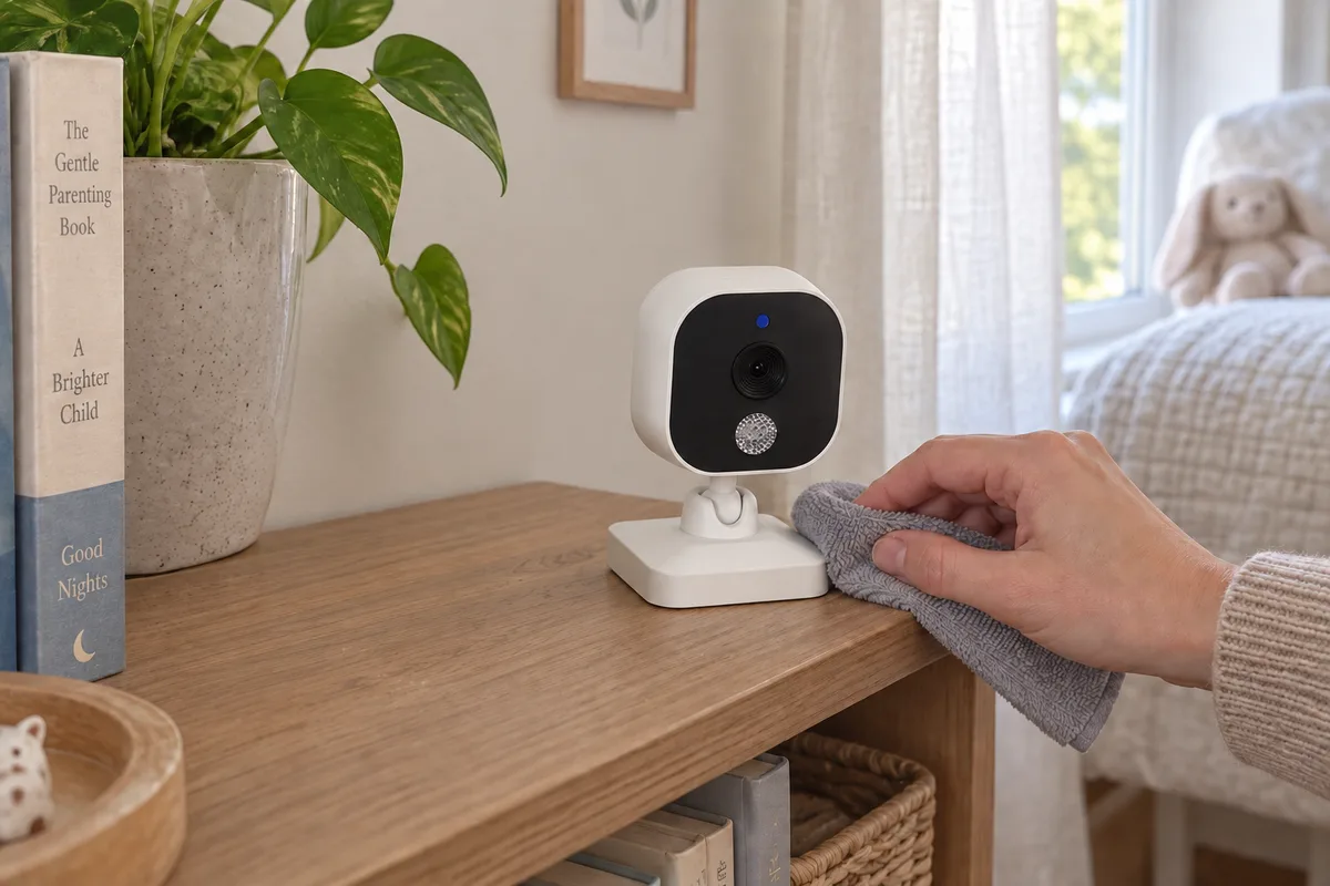 A hand cleaning dust from a shelf near a baby monitor camera.