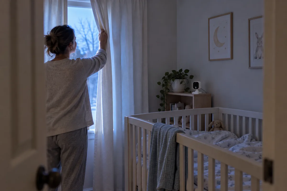 An adult checking a nursery window and baby monitor camera at dawn.