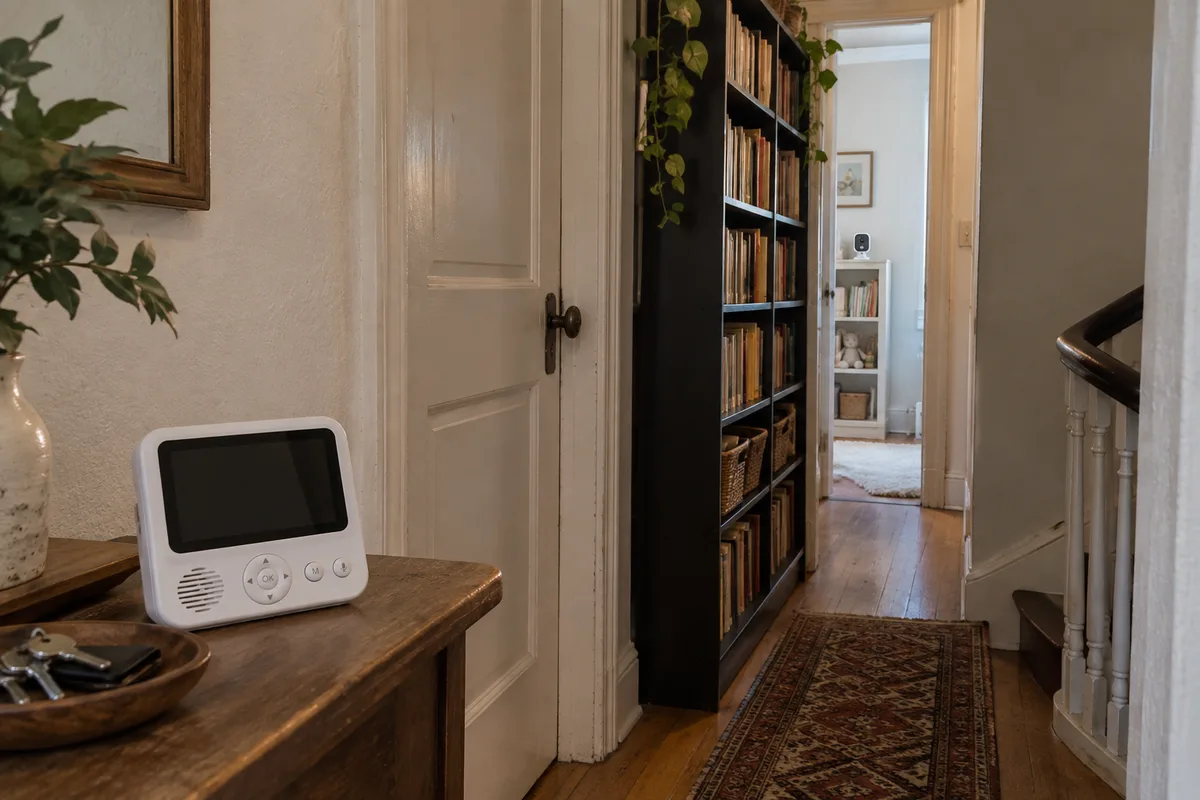 An apartment corridor showing several walls between a monitor and nursery camera.