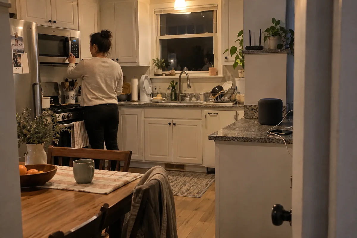 Everyday wireless devices in a compact evening kitchen.