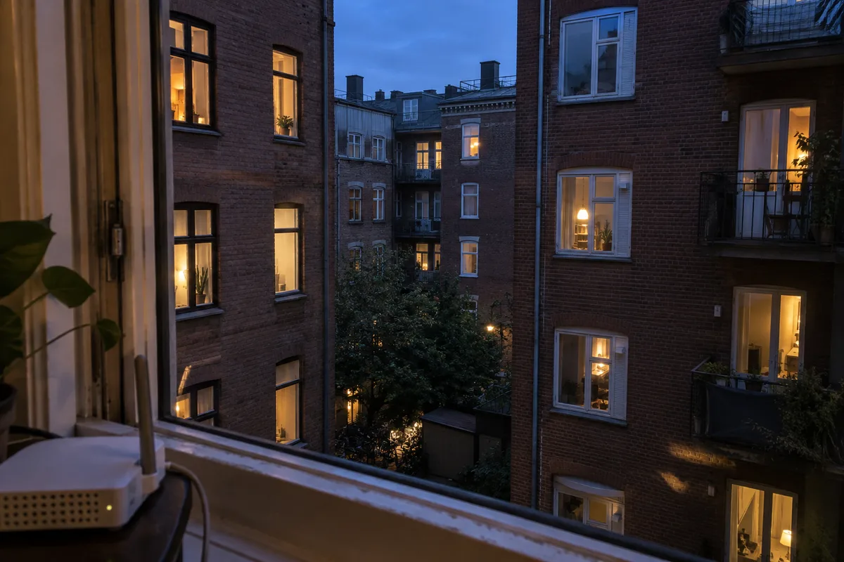 A home router near a window facing neighboring apartments across a narrow courtyard