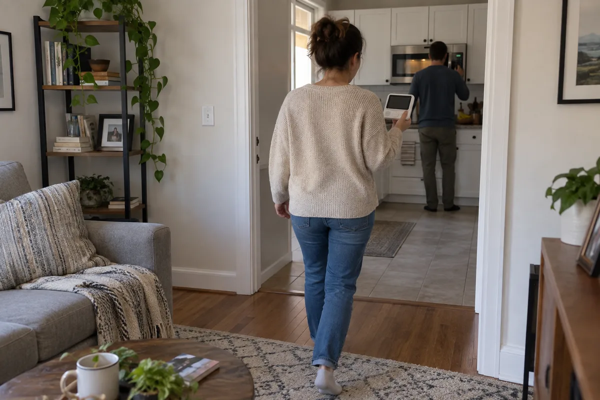 A buyer walking a monitor sample through an apartment during a home check.
