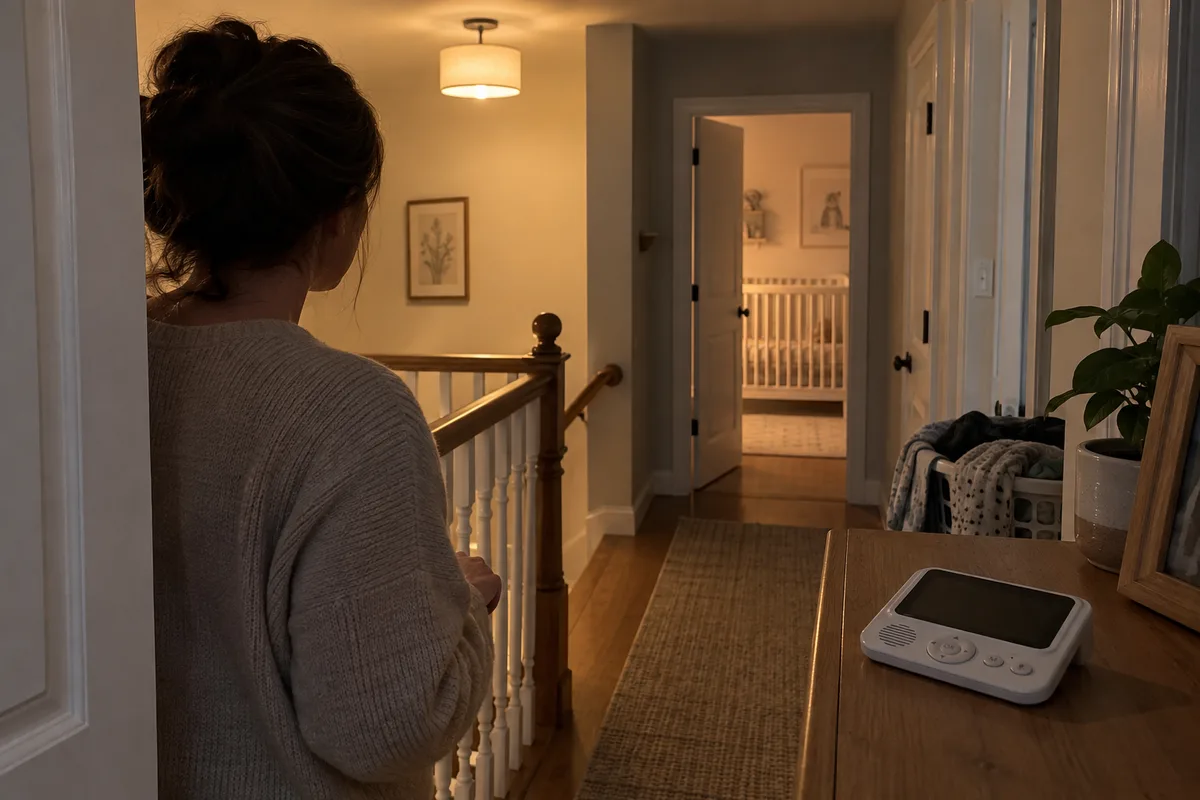 An adult near an upstairs landing with a baby monitor parent unit at night.