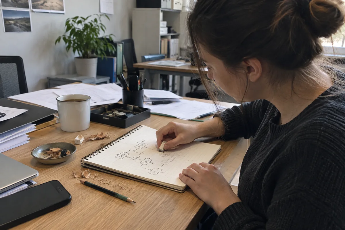 An engineer revising a generic process sketch beside an electronics tray.