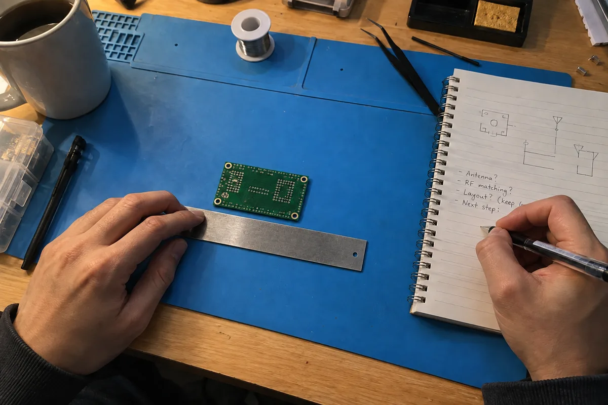 A generic prototype board prepared on an electronics workbench.