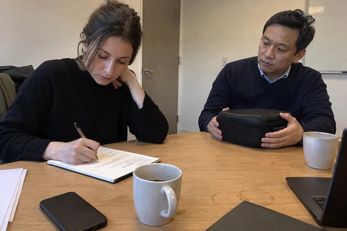 Two buyers preparing supplier questions beside a plain sample case.