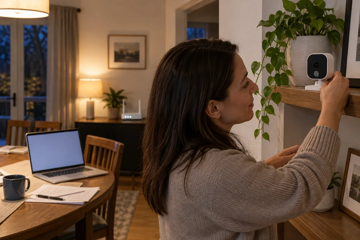 A home sample-check setup with a baby monitor camera and everyday Wi-Fi equipment.