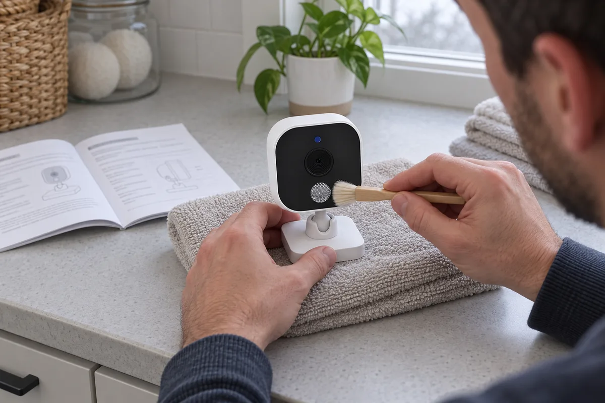 An adult checking the exterior of a baby monitor camera with a soft brush