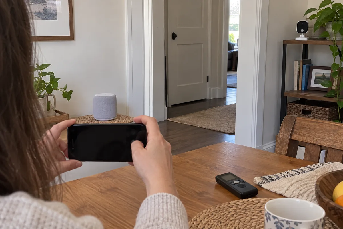 An adult photographing a speaker position and room layout before a repeat listening check