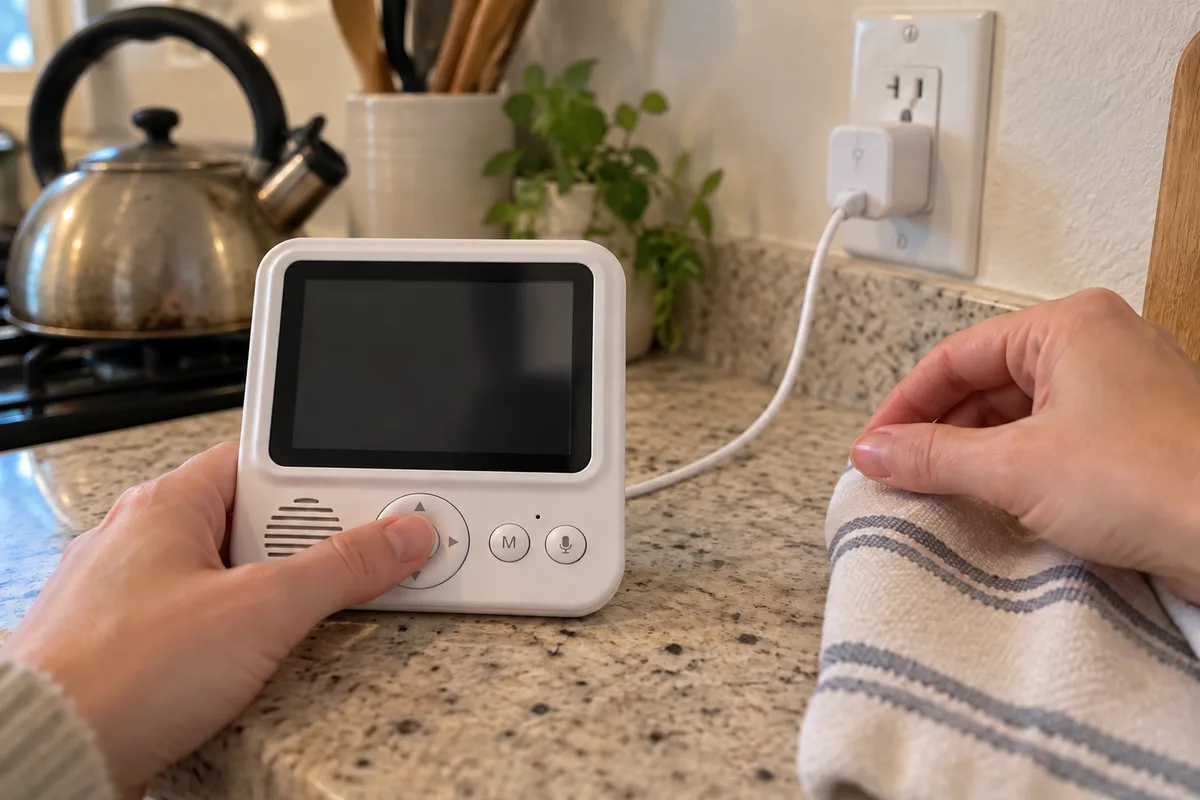 An adult using a connected parent receiver at a kitchen counter with a clear cable route