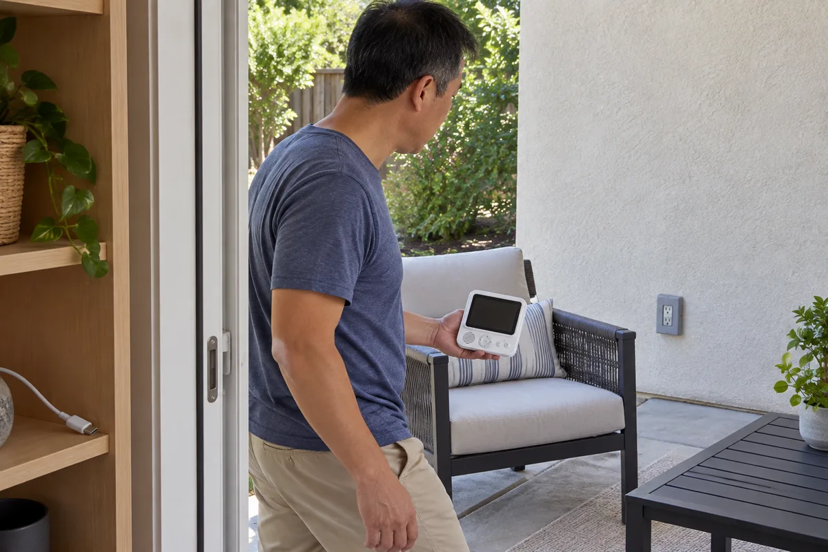 Looking for a receiver charging point near a patio in an editorial scene