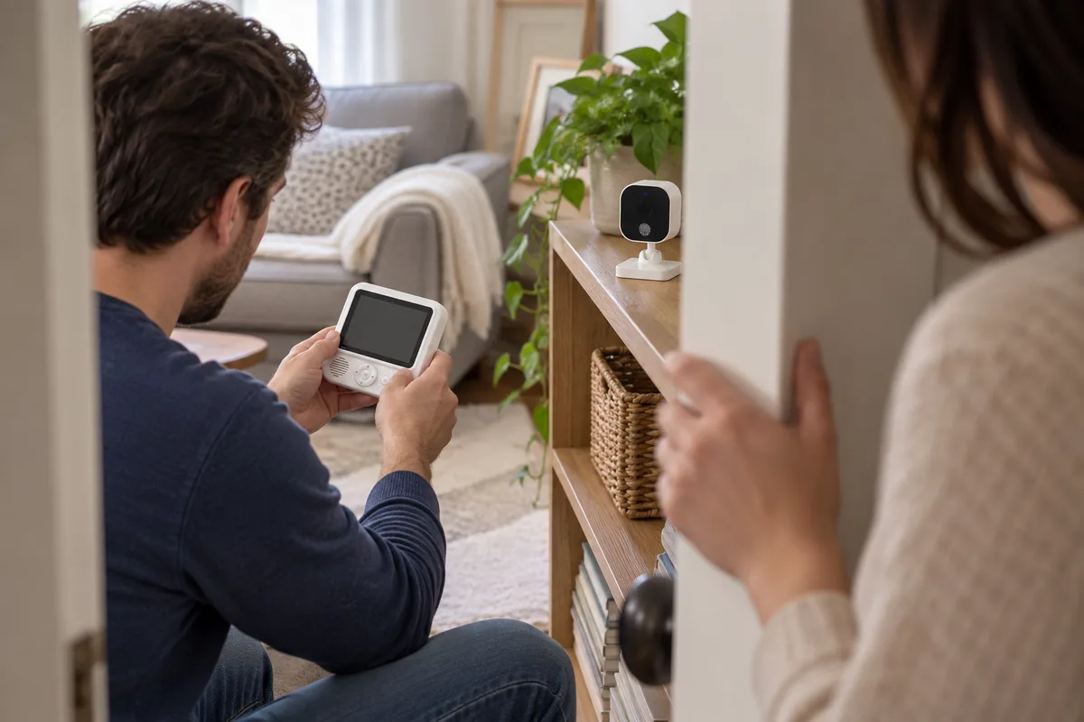 Two adults setting parent-receiver orientation and camera separation across a living room