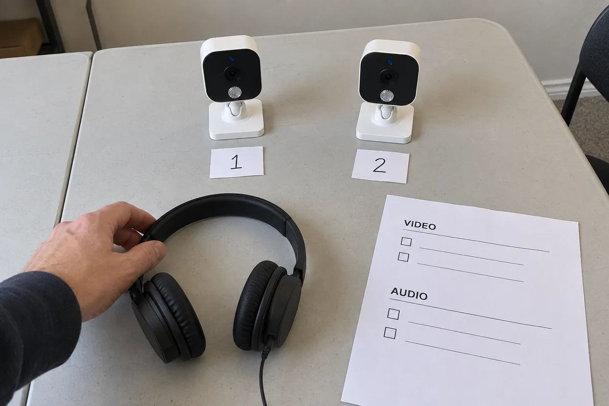 AI-generated editorial illustration: video and sound are separate checks; not a measured result or confirmation of model-specific features. Video and sound are separate checks shown in an everyday editorial scene