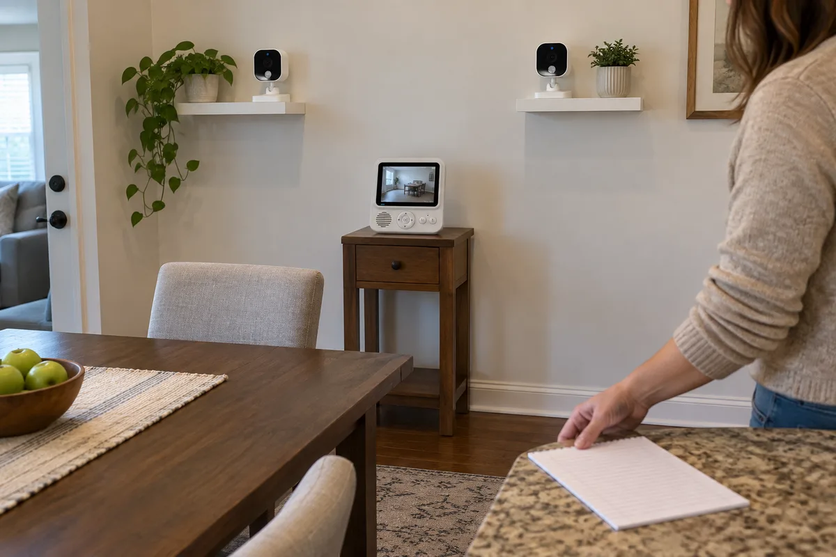 AI-generated editorial illustration: document a two-camera use profile; not a measured result or confirmation of model-specific features. Document a two-camera use profile shown in an everyday editorial scene