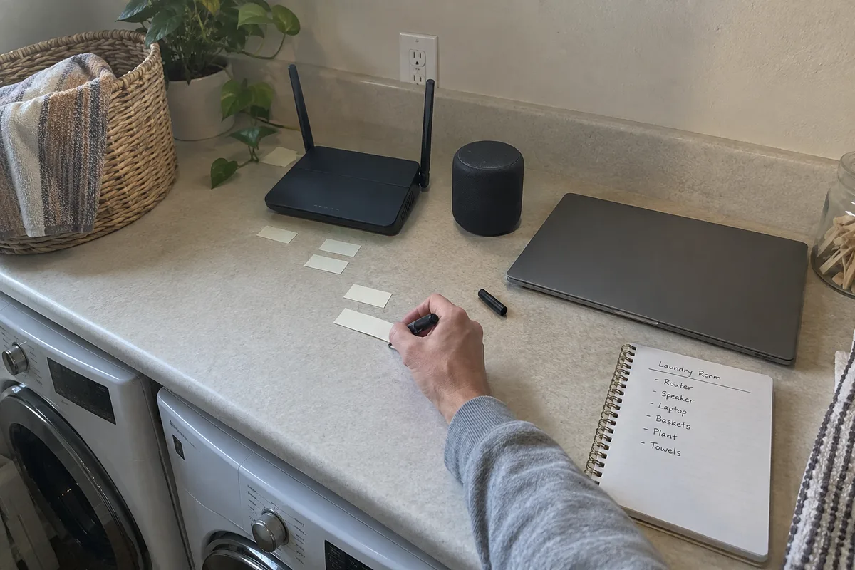 AI-generated editorial illustration of documented test conditions; no performance result is represented. Active household wireless equipment being marked for a repeatable coexistence test