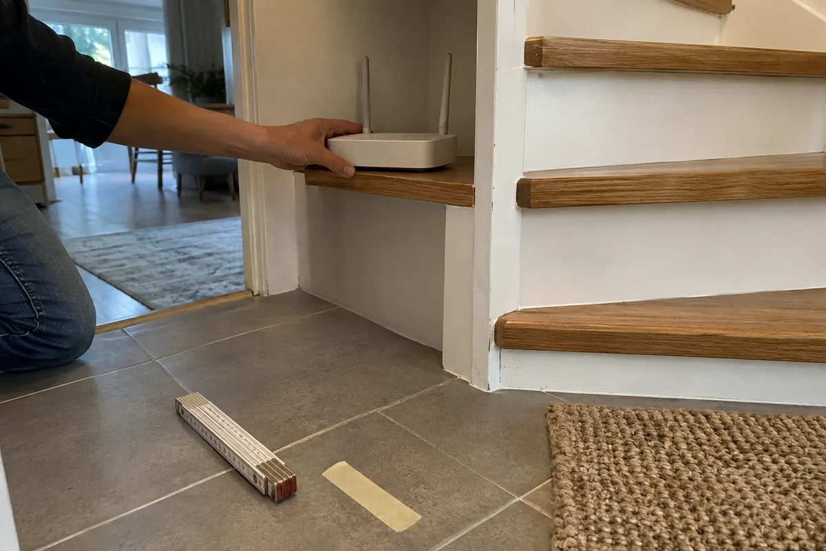 AI-generated editorial illustration of a placement change, not proof that separation resolves interference. A router being placed at a second marked position for a documented comparison