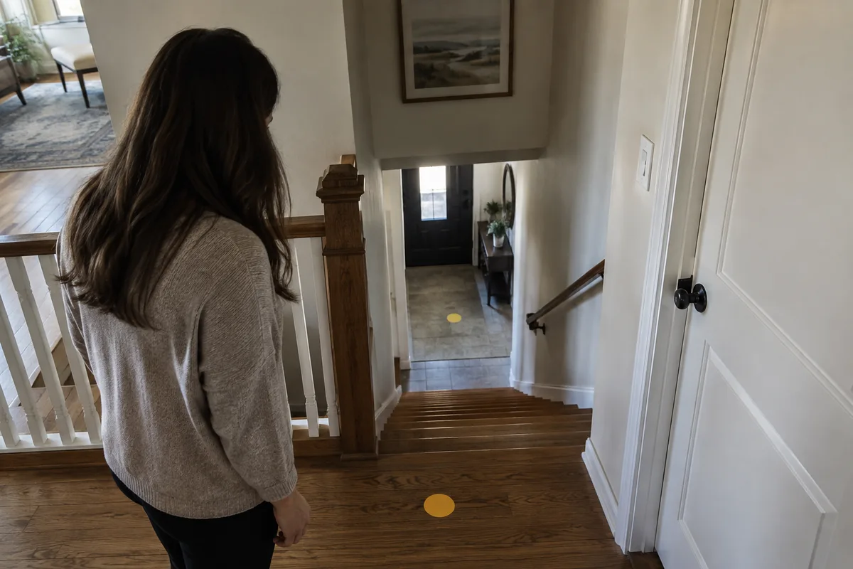 An adult comparing an upstairs observation marker with a lower marker through an open stairwell