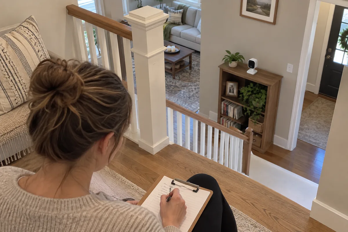 An upstairs observer recording a fixed-camera check across an open stairwell