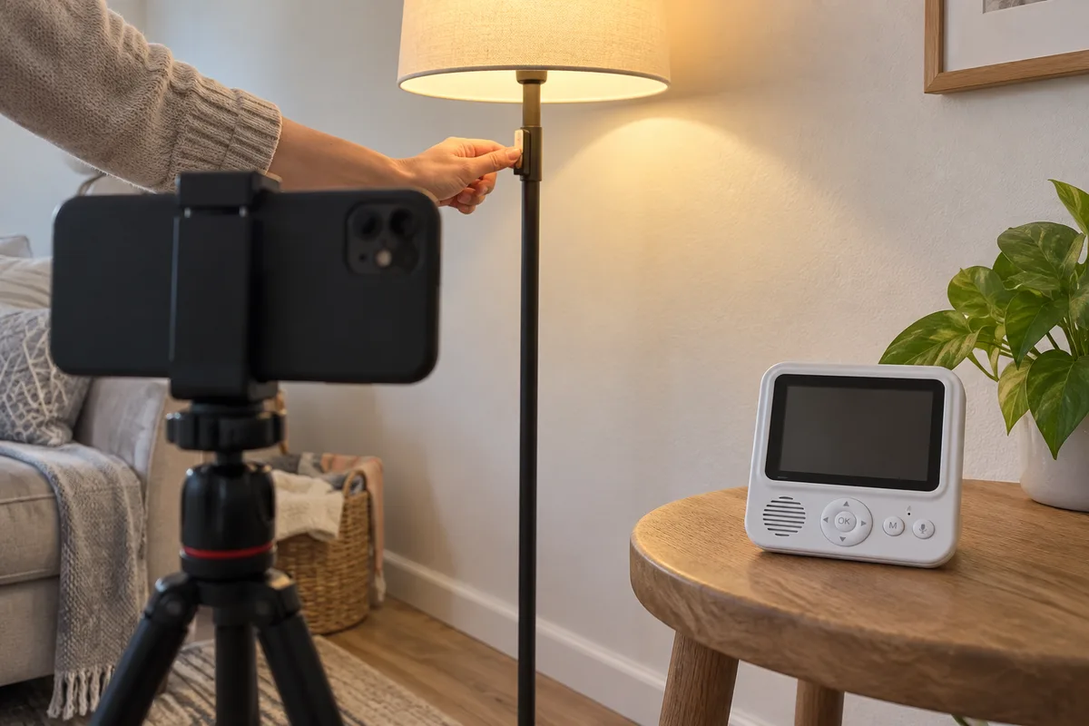 A light-event setup being filmed beside a parent display for an illustrative timing check