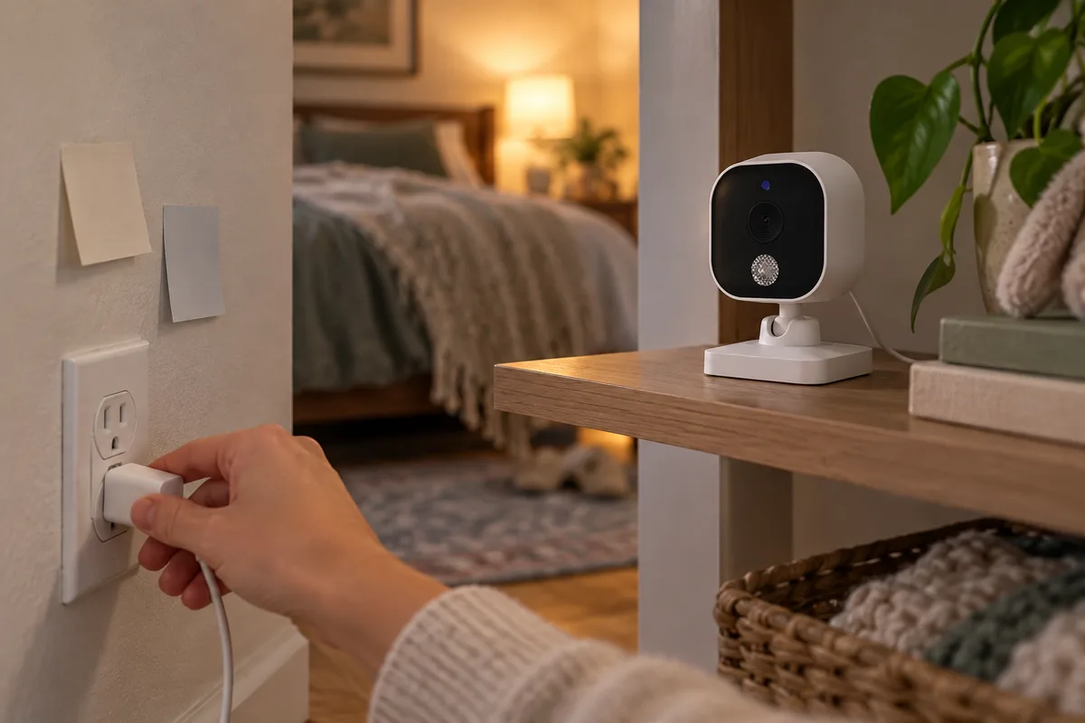 A reviewer reconnecting a camera power lead before repeating a night-view check